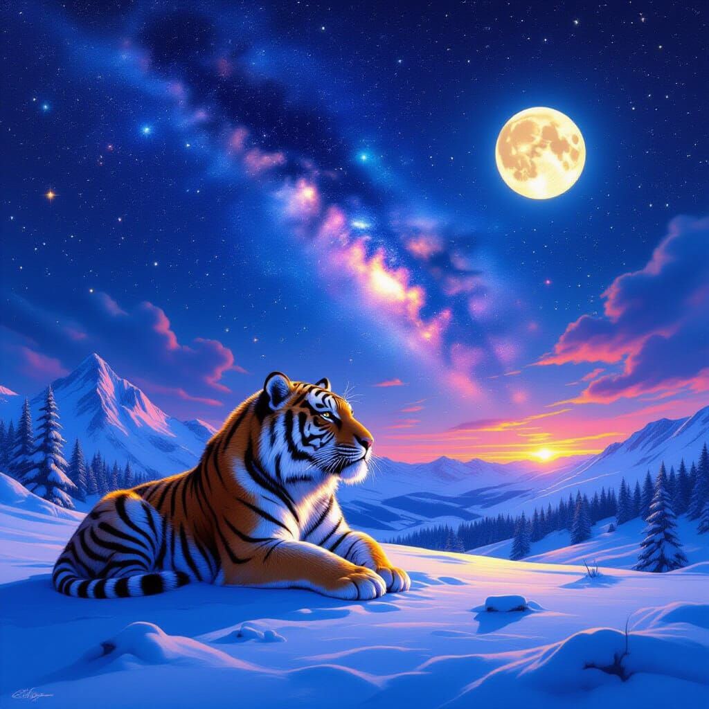 Sabertooth Tiger Under a Starry Night Sky