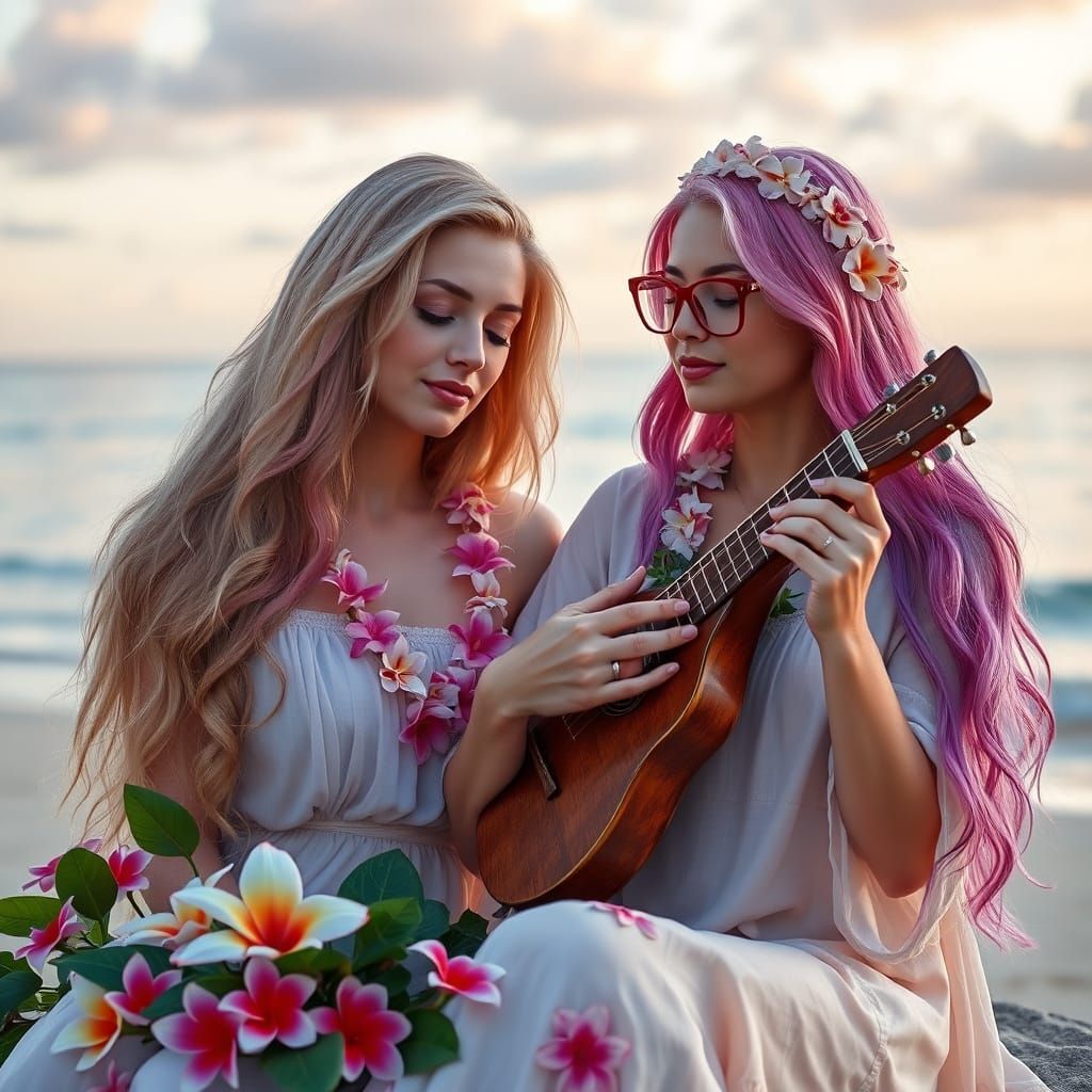 Tranquil Beach Scene with Two Women in Summer Clothes