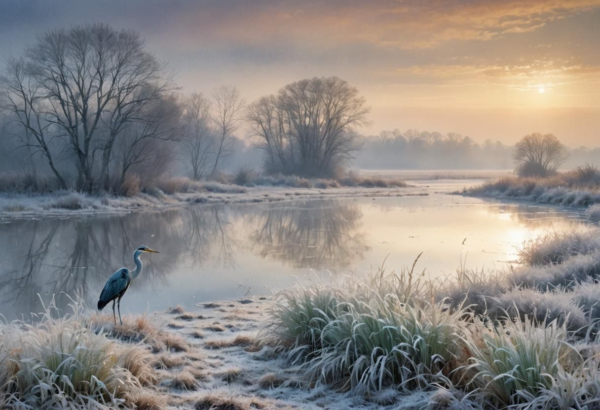Heron in Frosty Fields: A Watercolor Landscape