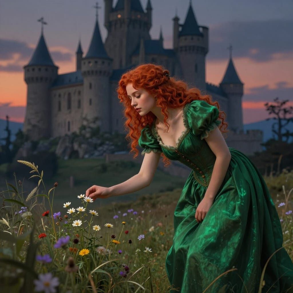 Woman in Green Dress Picks Flower by Castle