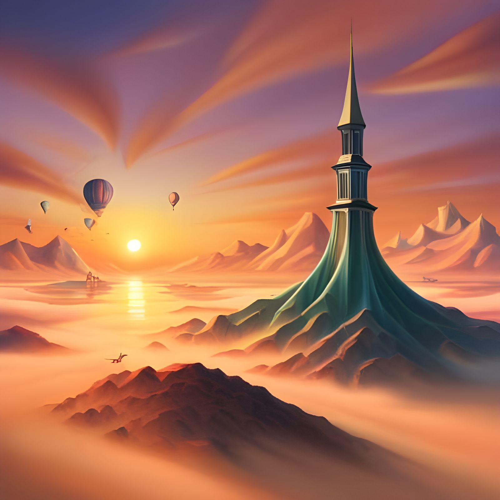 Surreal Mountain Sunset with Butterfly Boat