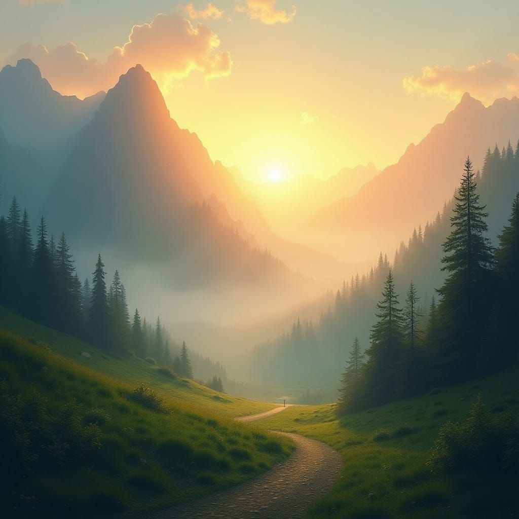 Peaceful Sunrise in Tranquil Mountain Landscape