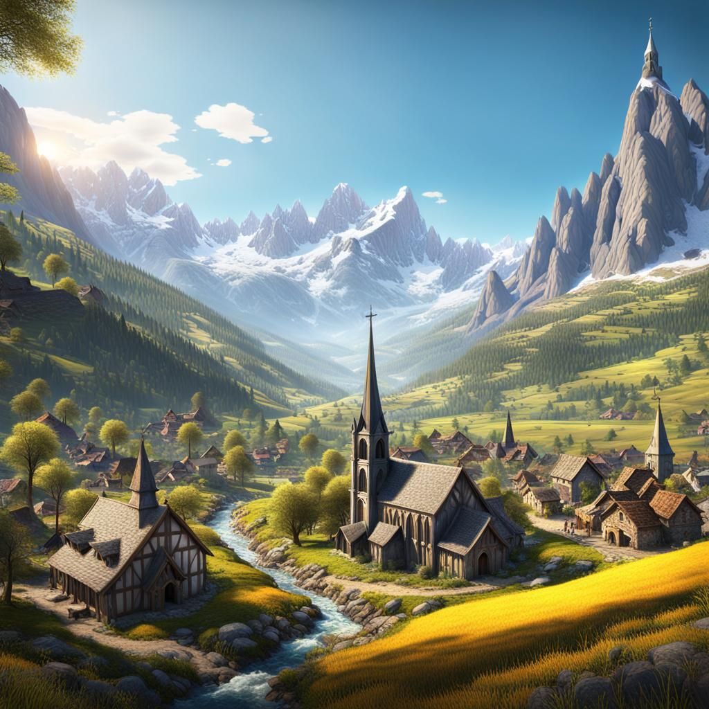 Picturesque Valley Village on a Sunny Spring Day