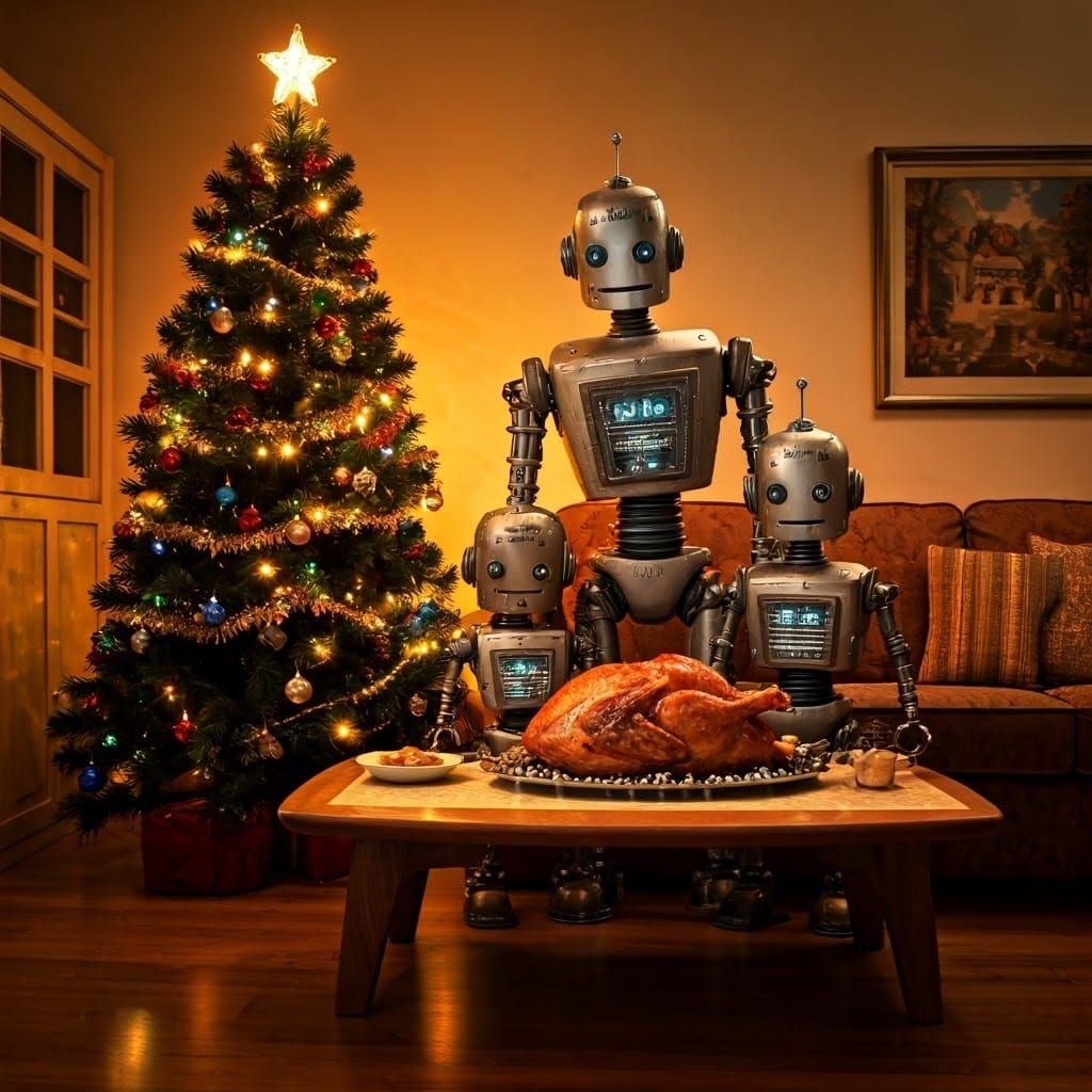Robot Family Celebrates Christmas in Whimsical Living Room S...