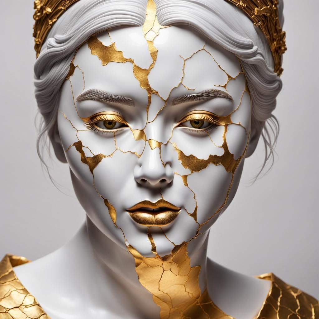Kintsugi Porcelain Face in Hyperrealistic Style