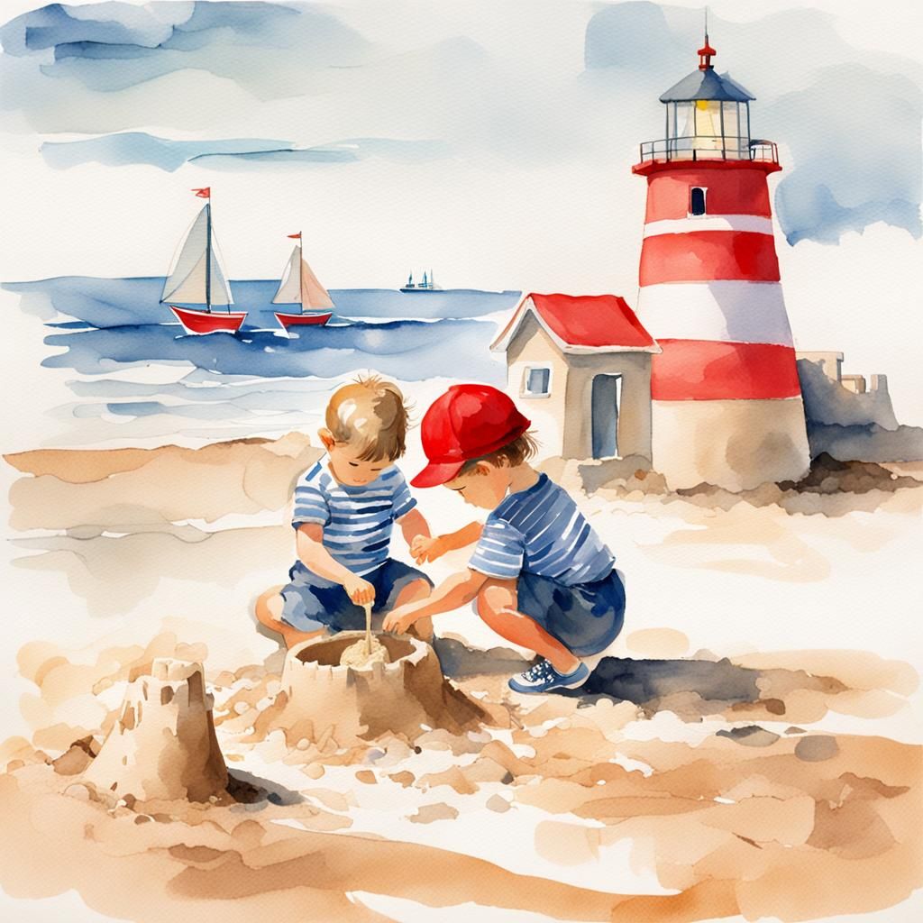 Toddlers Build Sandcastle: Watercolor Beach Scene