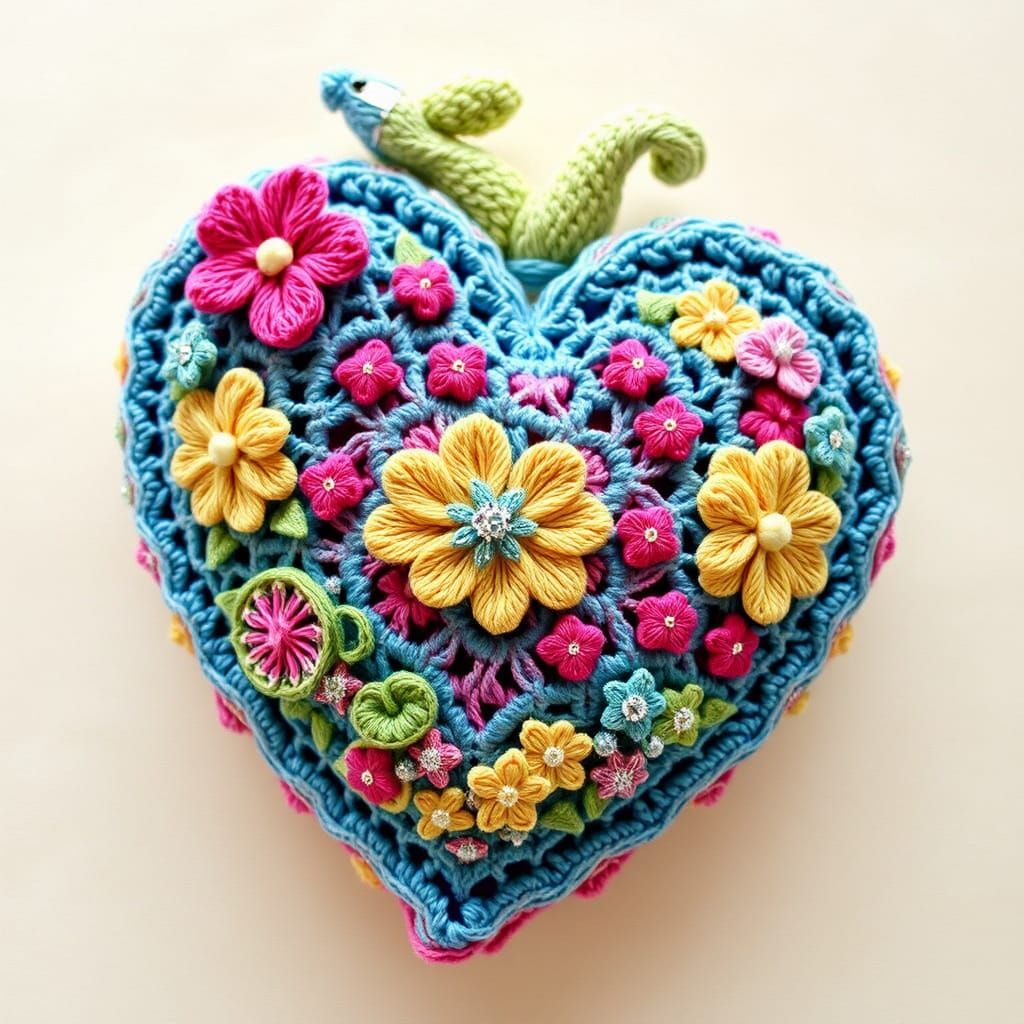 Vibrant Crocheted Love Heart with Floral Patterns and Yarn E...