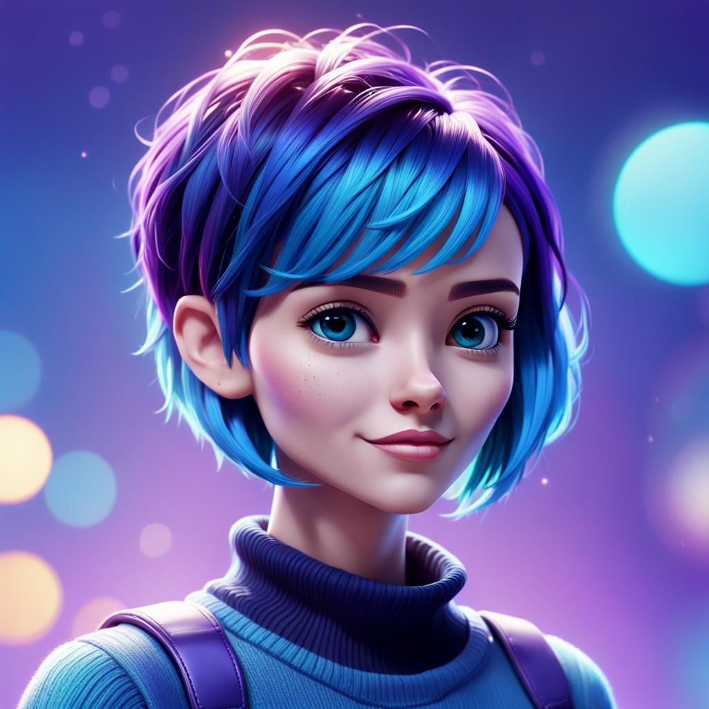 Pixar-Style Girl with Blue Hair in Gradient Lighting