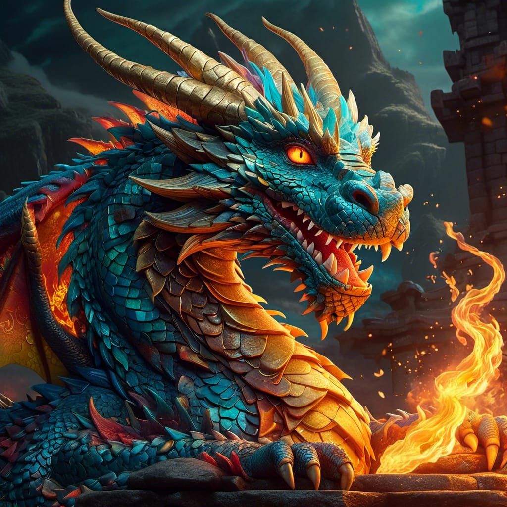 Turquoise Dragon Flame Ace: Detailed Fantasy Art