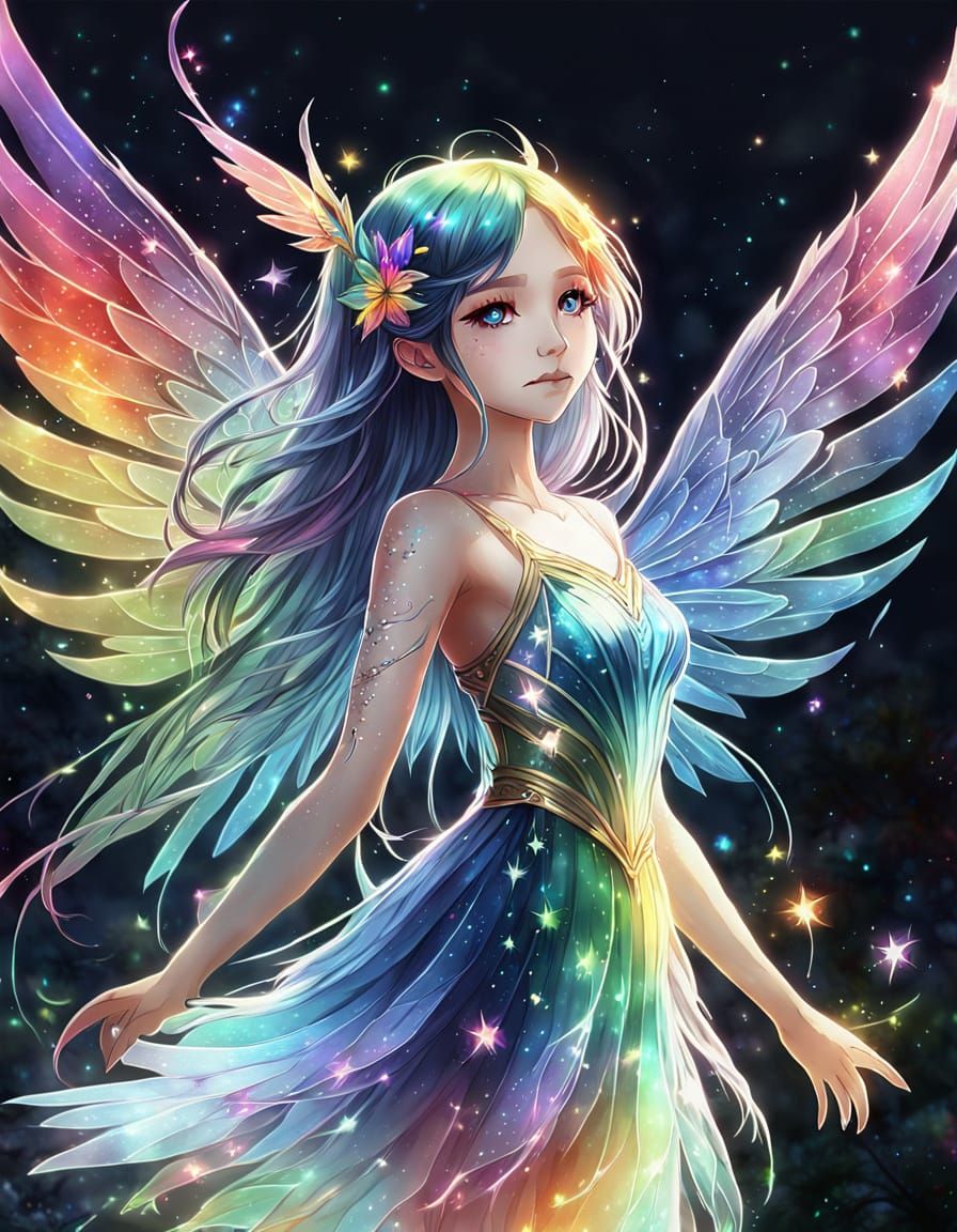 Bioluminescent Rainbow Fairy in Anime Watercolor Style