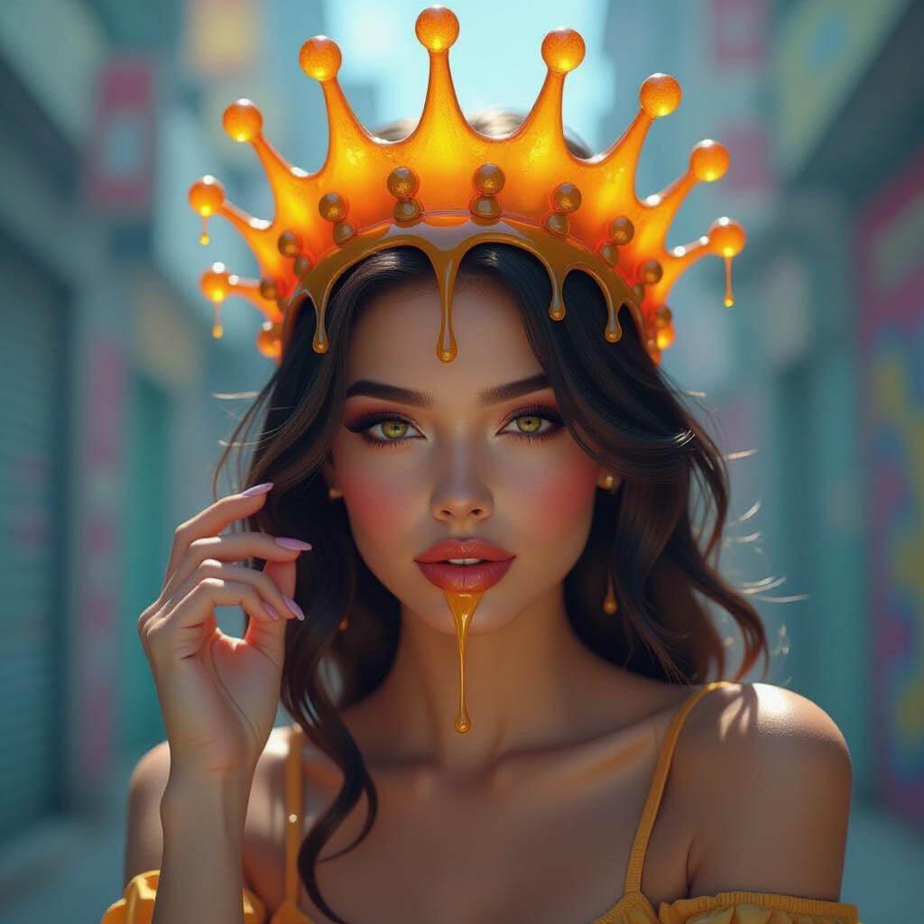 Woman with Melting Honey Crown in Vibrant, Detailed Scene