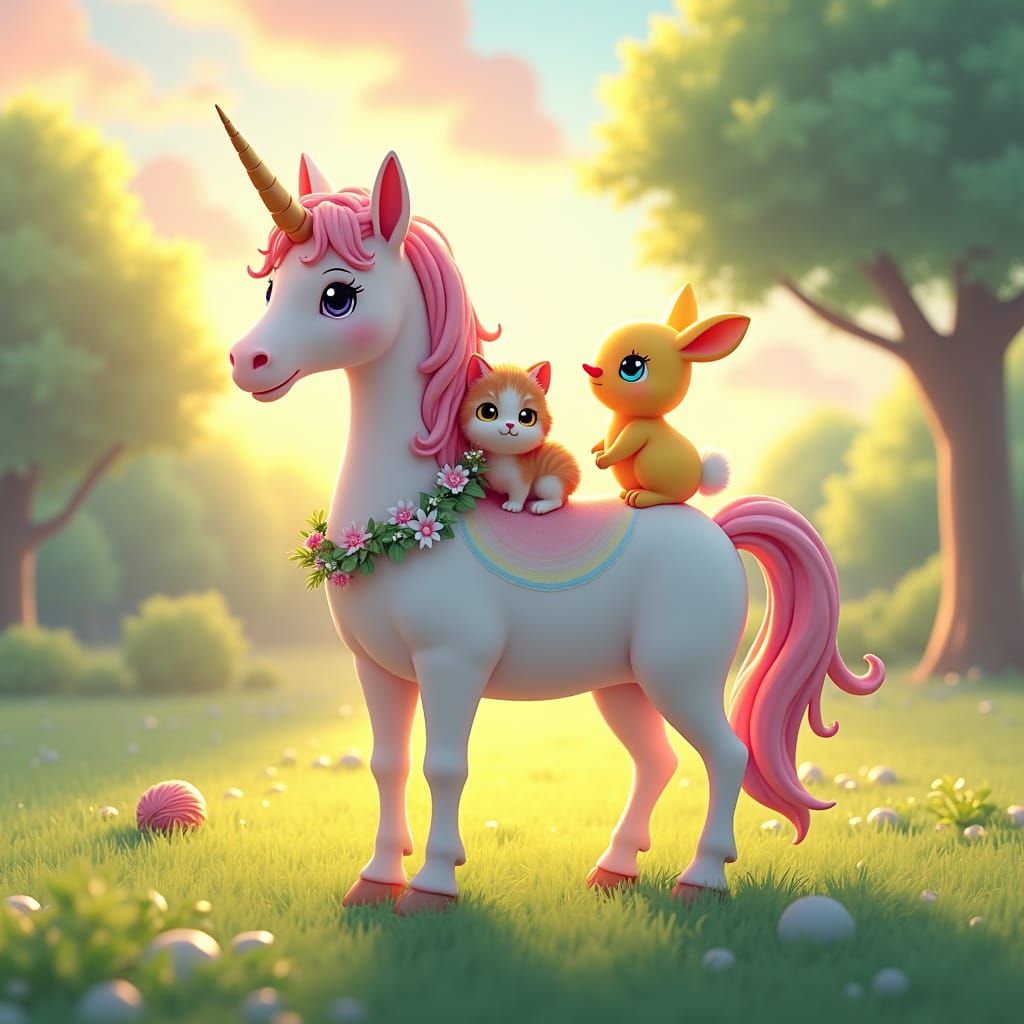 Unicorn with Animal Friends in Anime Style