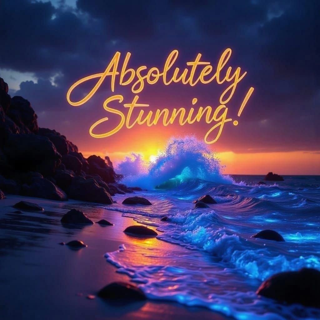 Surreal Sunset Beach Scene with Bioluminescent Waves and Glo...