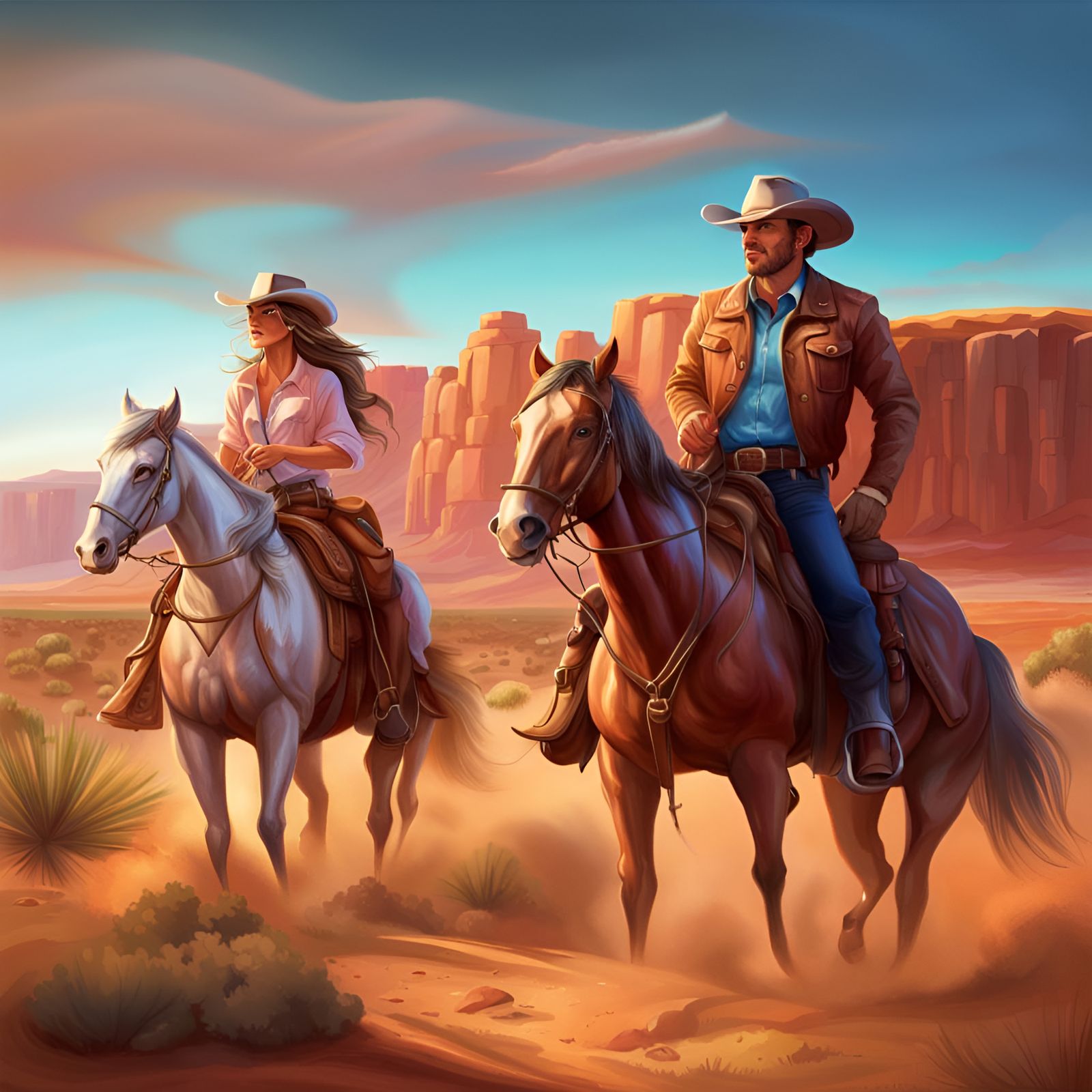 Hyperrealistic Cowboy and Cowgirl in Desert Landscape