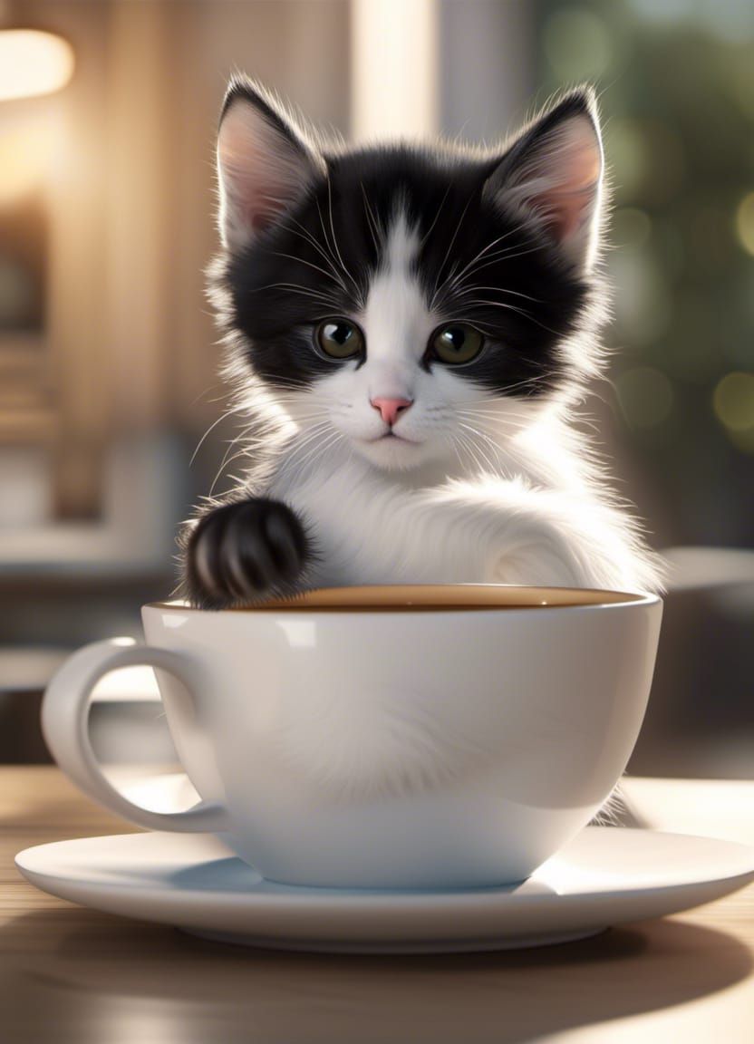 Cute Kitten Drinks Coffee: Black and White CGI