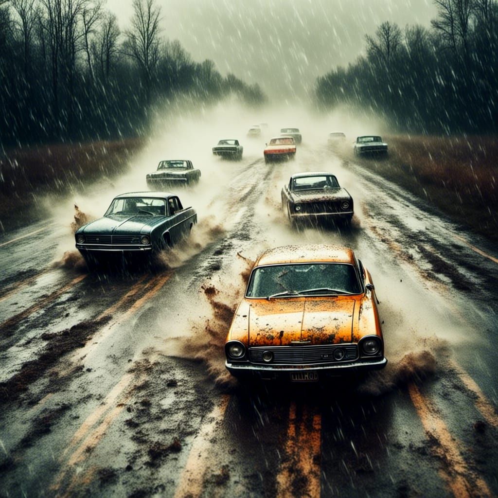 Vintage Cars Racing in Storm: Macabre Mixed-Media Photograph...