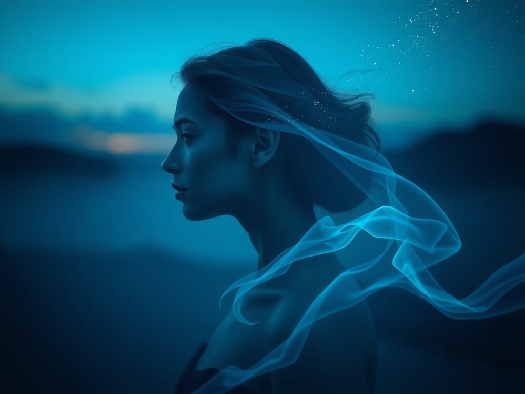 Ethereal Woman in Surreal Starry Landscape