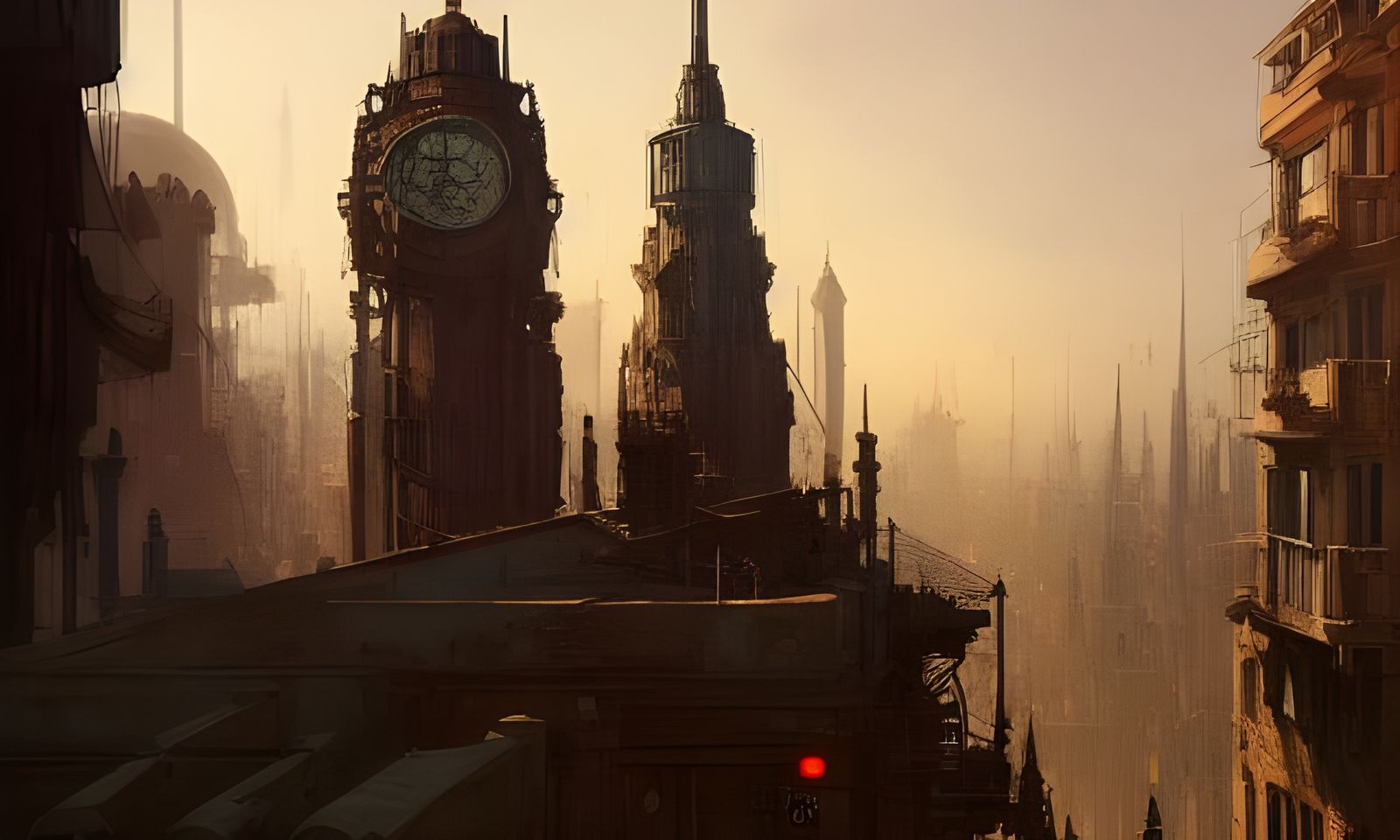 Steampunk Town with Dark Tower: Surrealist Architecture