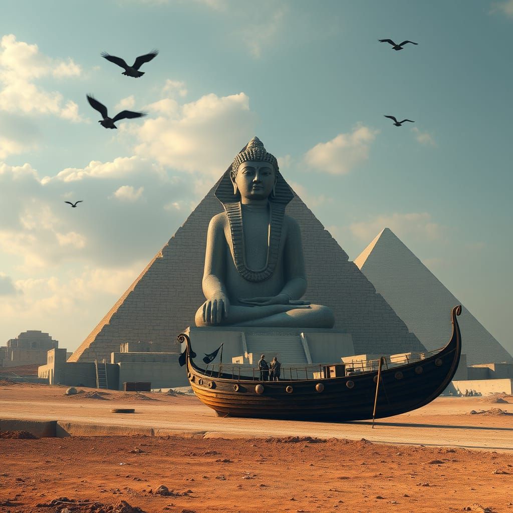 Buddha in Giza Pyramid Amidst Stormy Seas