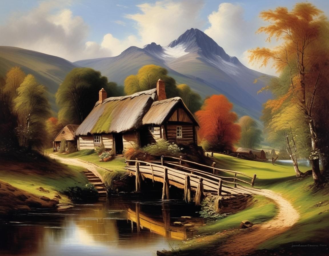 Hut and Waterfall Landscape in Oil Painting Style