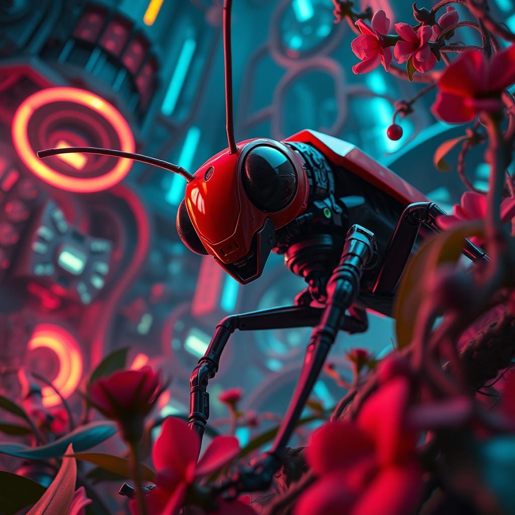 Cyberpunk Red Locust Robot in Dark, Vibrant Environment