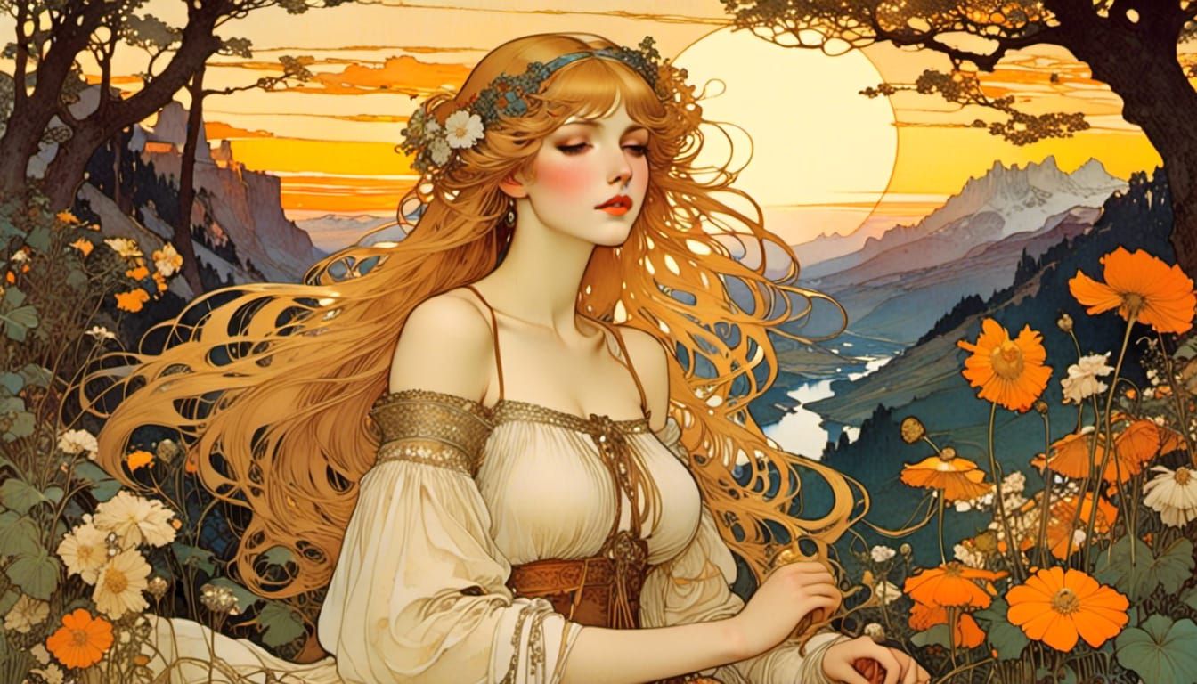 Alpine Meadow Sunset in Art Nouveau Style