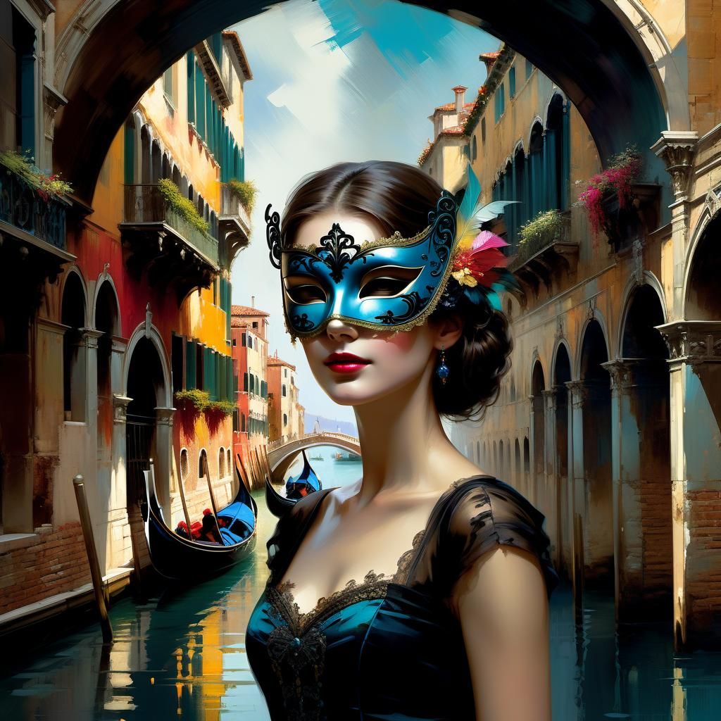 Woman in Colorful Venetian Mask Illustration