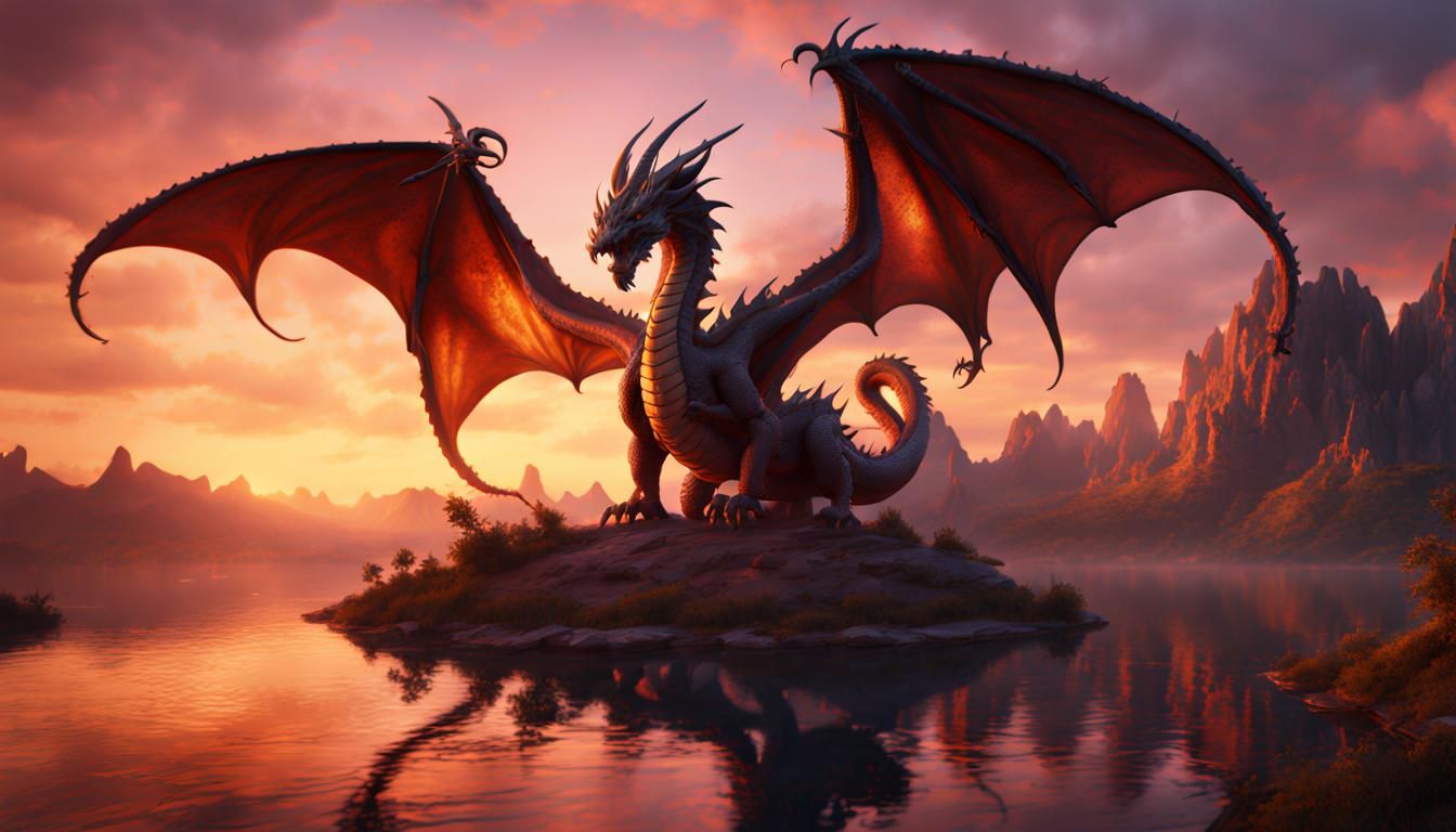 Fantastical Dragon at Sunset: Detailed Matte Painting