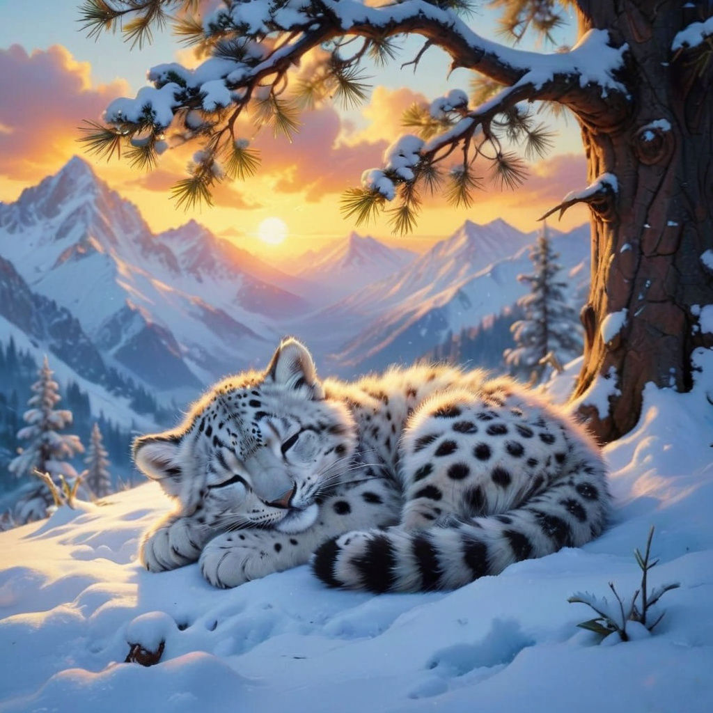 Sleeping Snow Leopard Cub in Winter Landscape