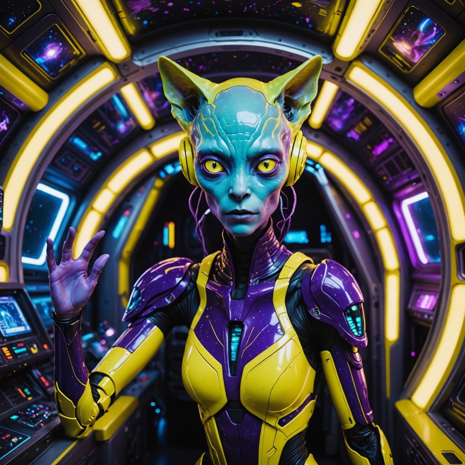 Alien Fashion Shoot with Cat in Spaceship