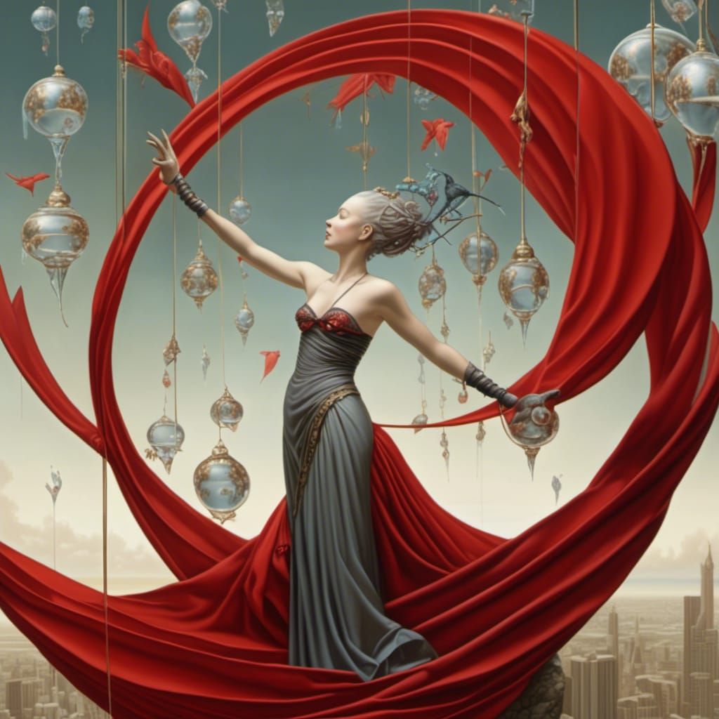 Steampunk Woman Reaching for Glass in Marble Jungle