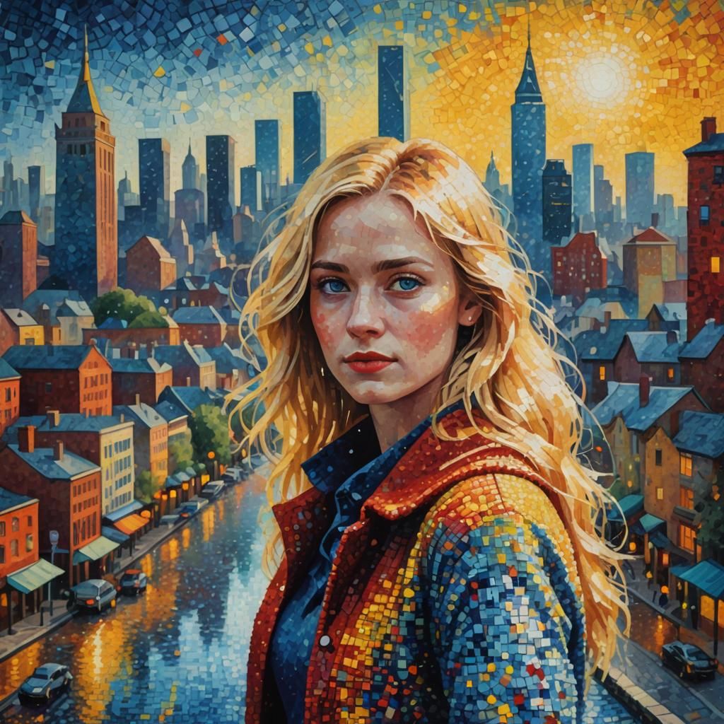 Pointillist Portrait of Blonde in Urban Setting