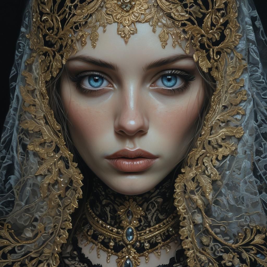 Dark Fantasy Woman in Gold, Moody Oil Painting