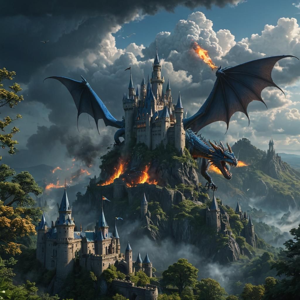 Blue Dragon Over Burning Castle: Matte Painting