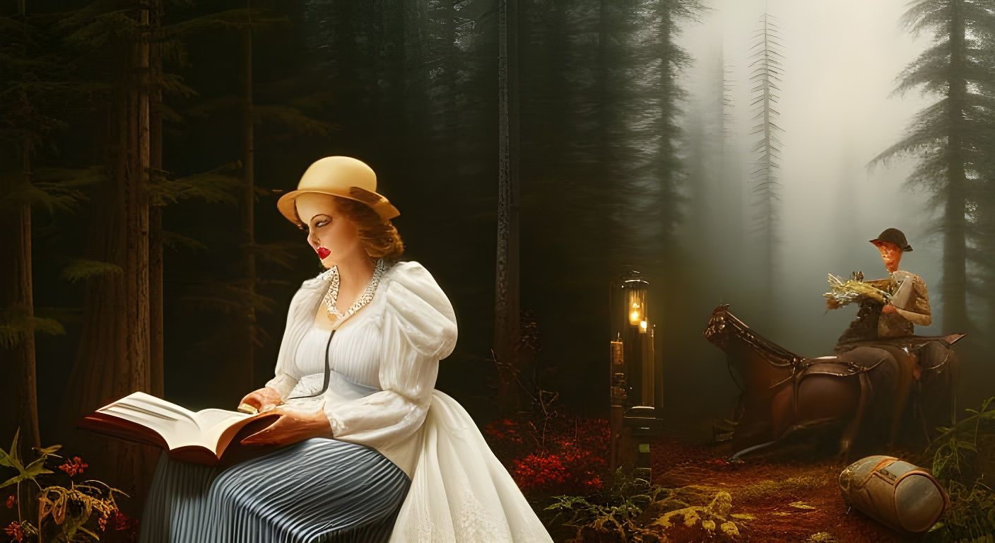 woman reading, approached by a headless horse