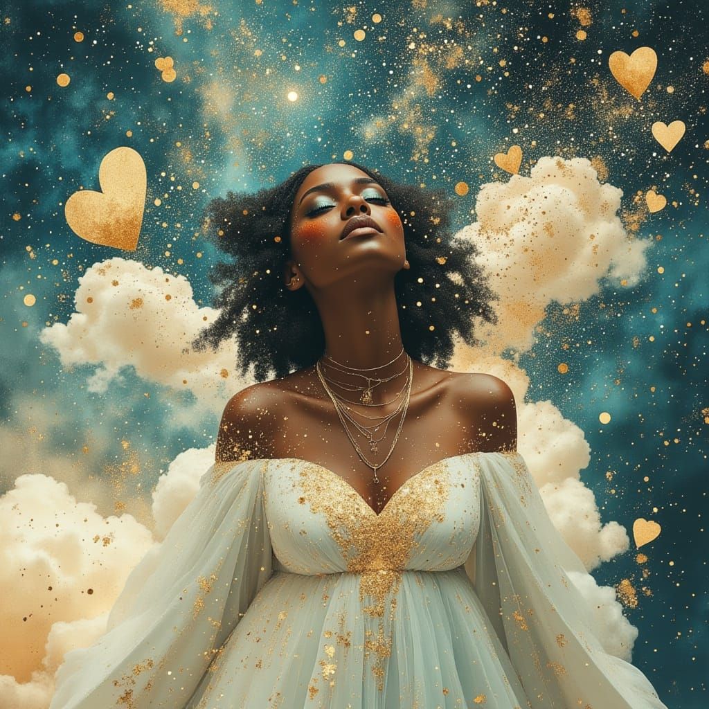 Celestial African Goddess Floating on Nebula Island