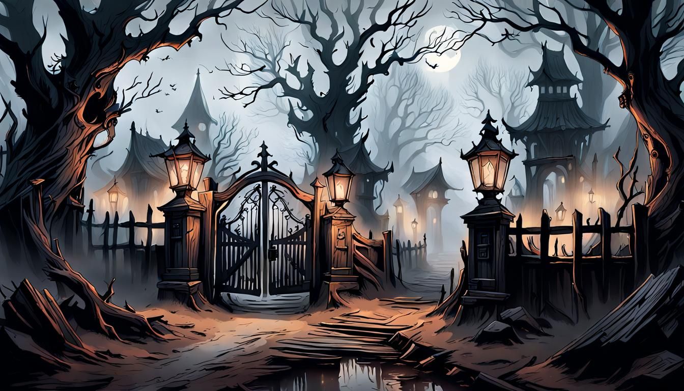 Eerie Village Gate in Old-School RPG Ink Drawing