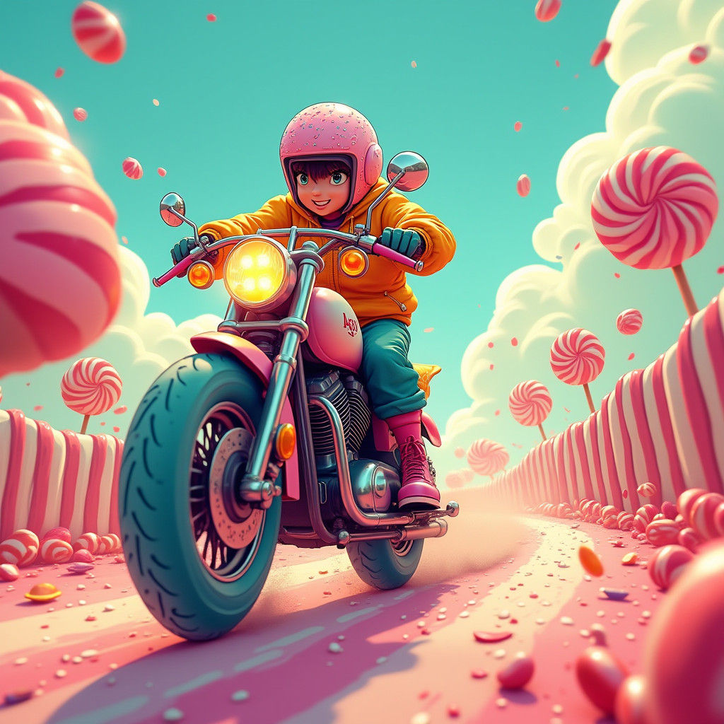 Motorcycle Rider in Candyland: Postmodern Digital Art