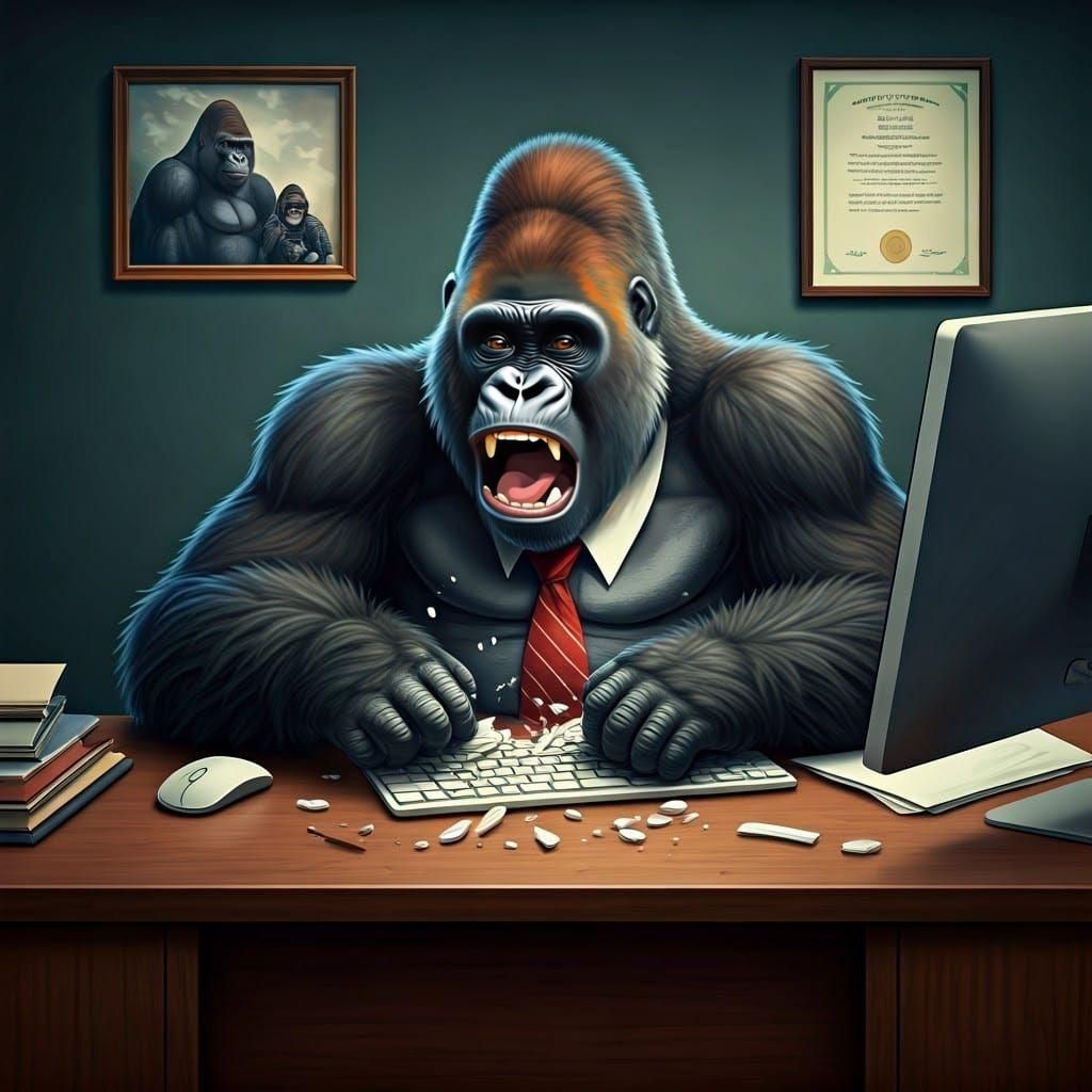 Angry Gorilla Smashes Keyboard at Office Desk