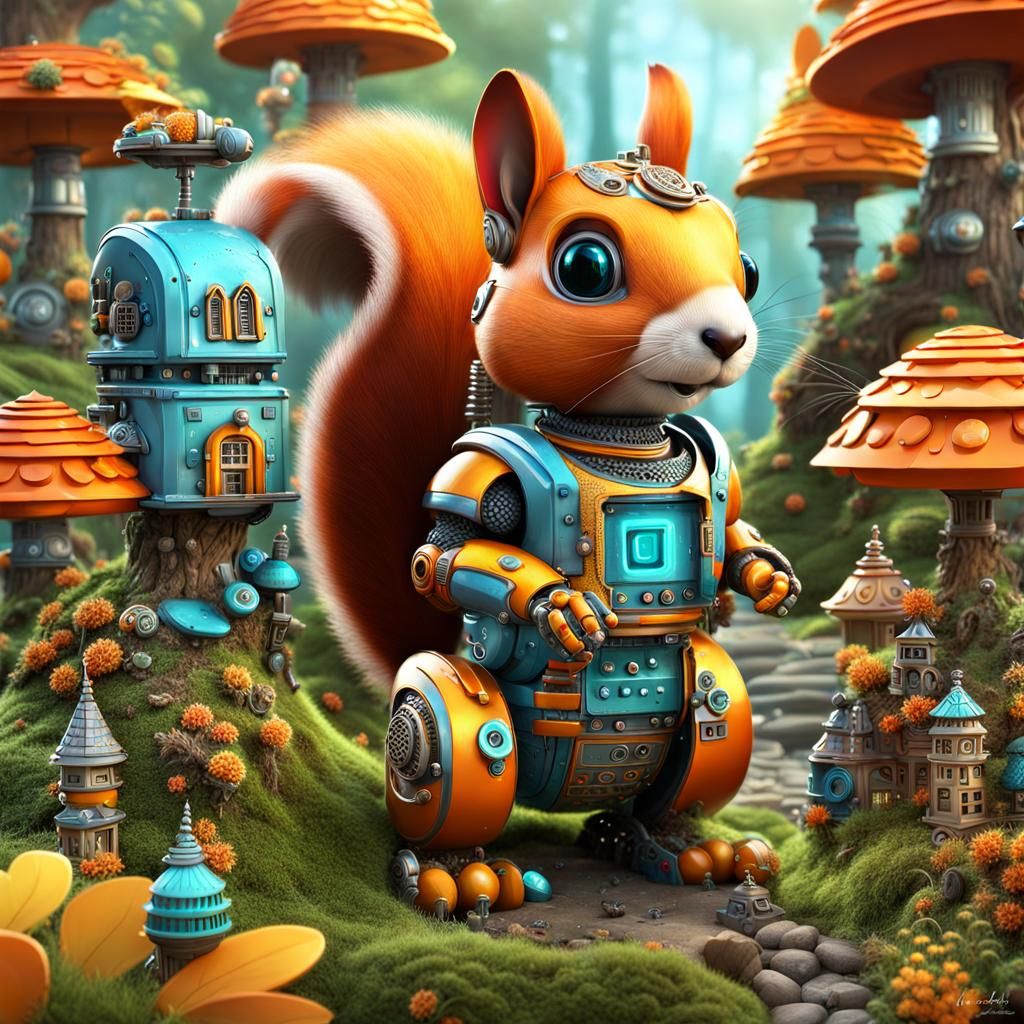Robot Squirrel Guarding a Squirrel Village: Digital Art