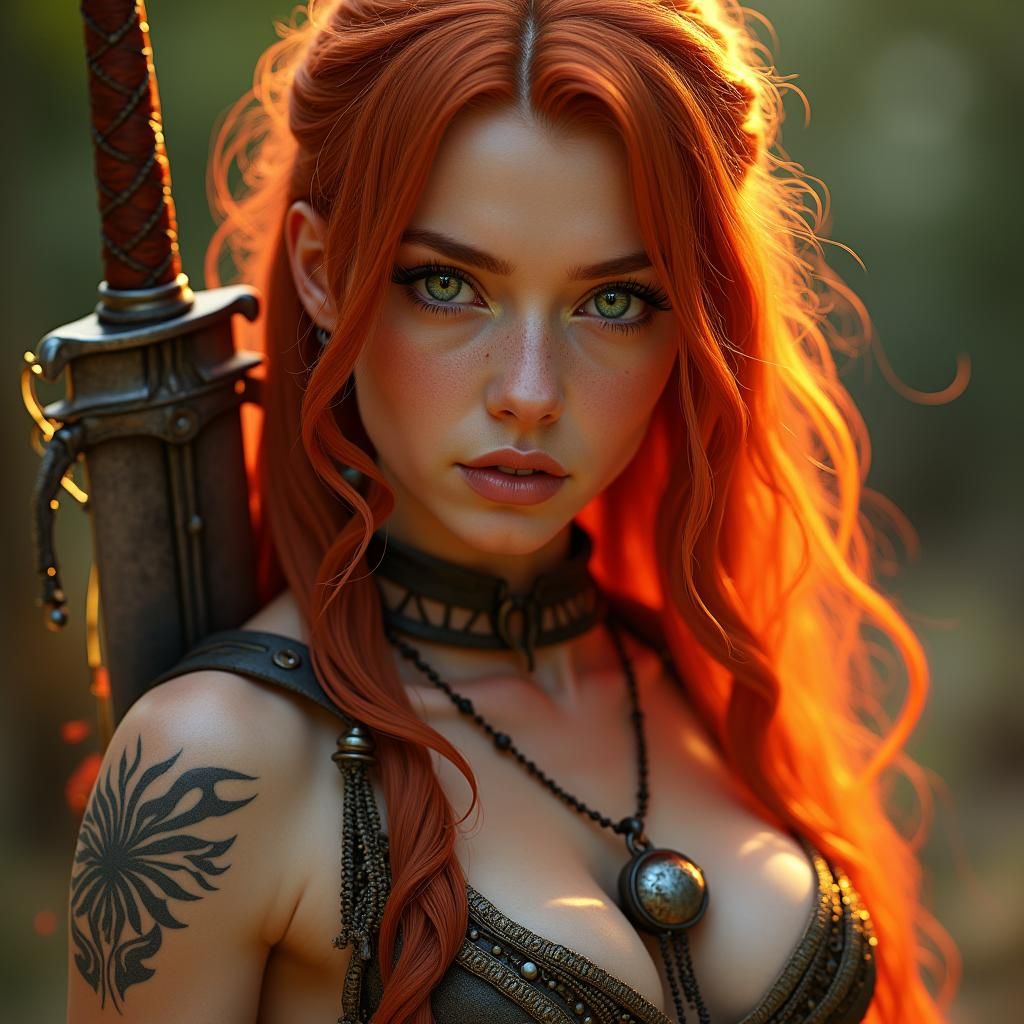 Fiery Warrior Woman with Ornate Sword