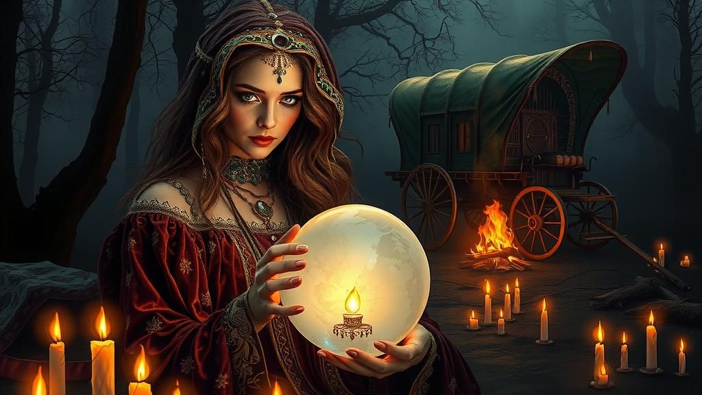 Mystical Gypsy Woman Gazing into Crystal Ball