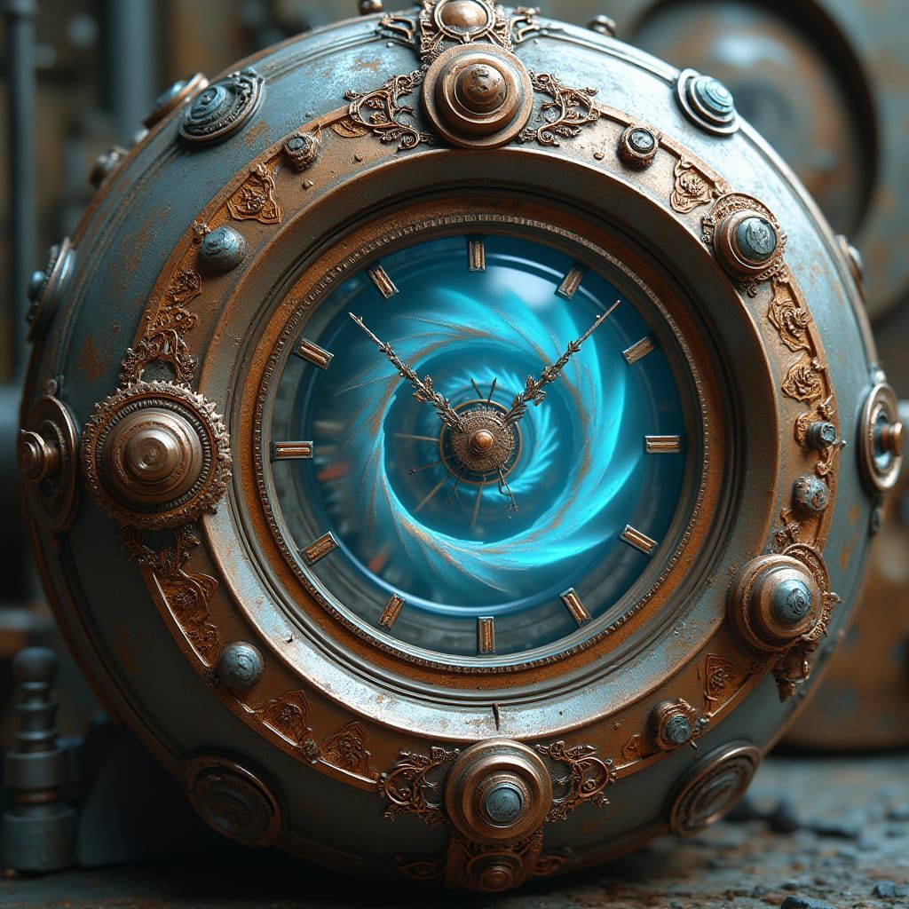 Time Machine with Intricate Dials and Swirling Portals in Me...