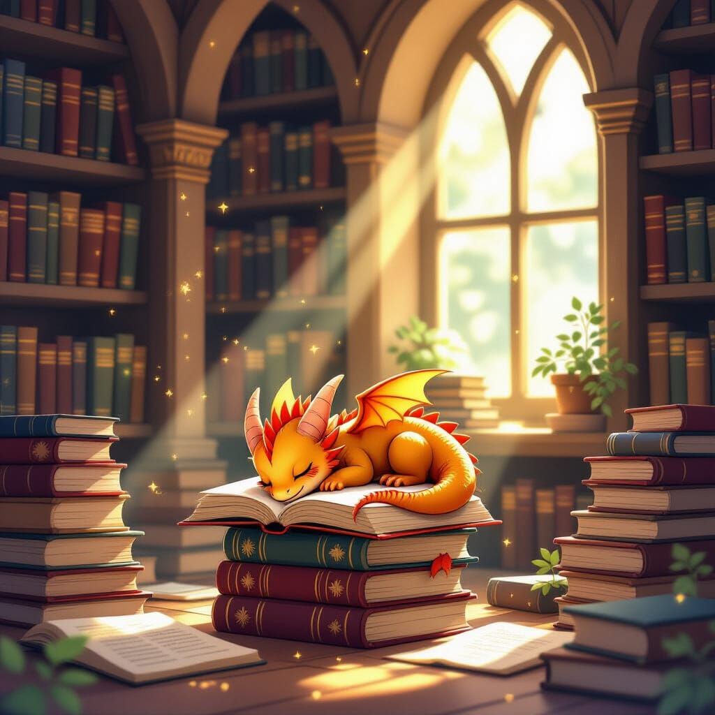 Adorable Baby Dragon Sleeps in Enchanted Library