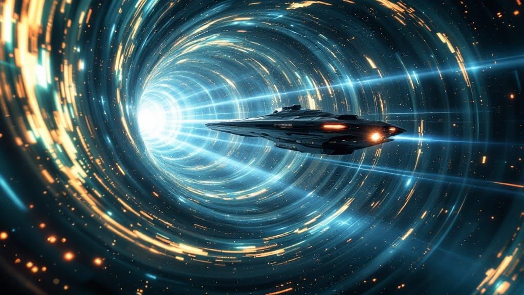 Sleek Starship in Hyperspace Tunnel