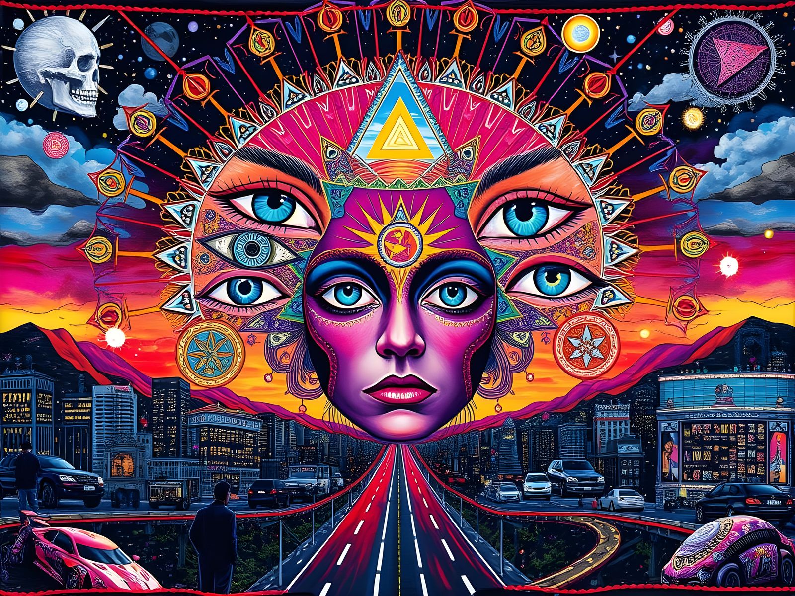 Multidimensional Eyes Radiating from a Central Face in a Vib...