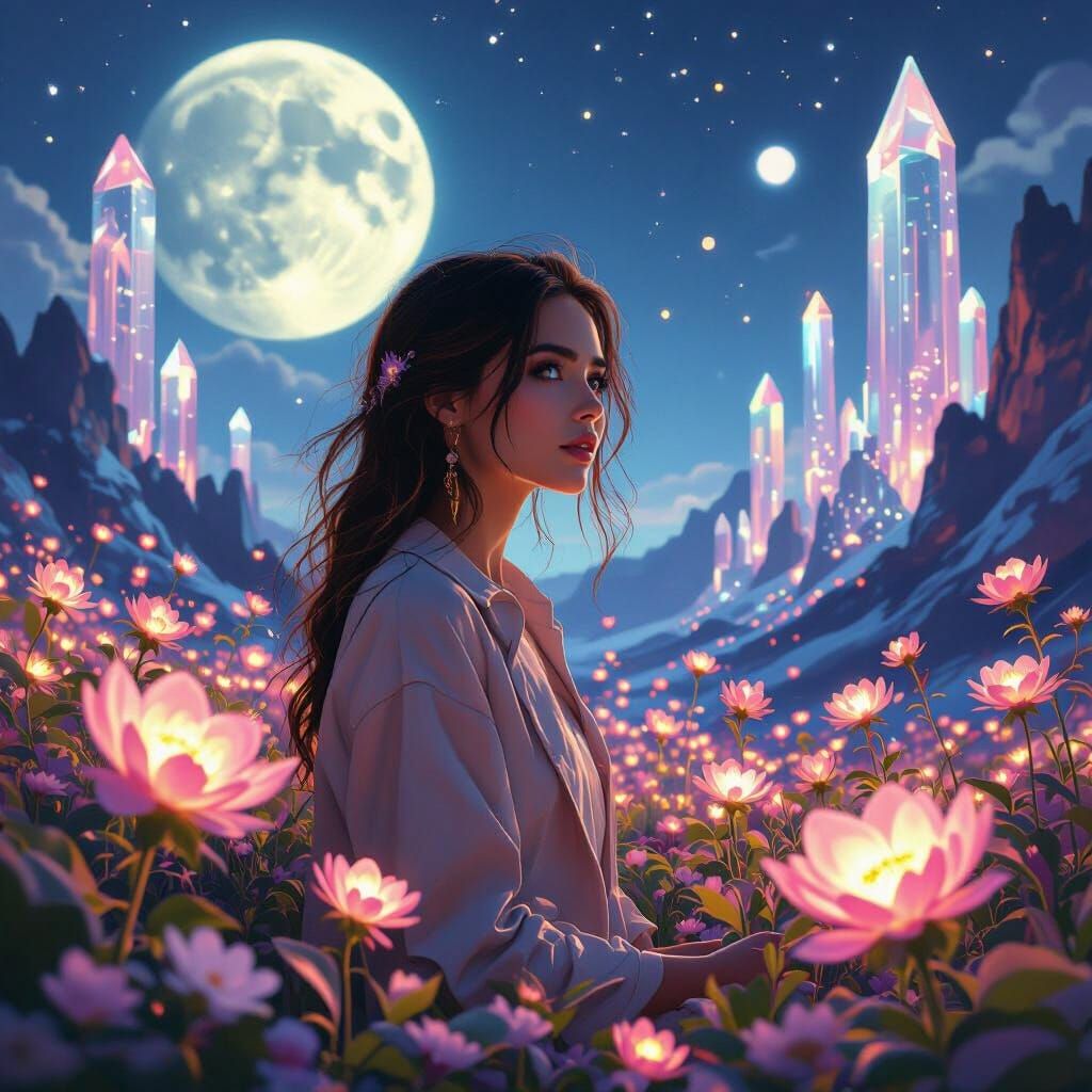 Dreamlike Lunar Landscape with Glowing Moonflowers