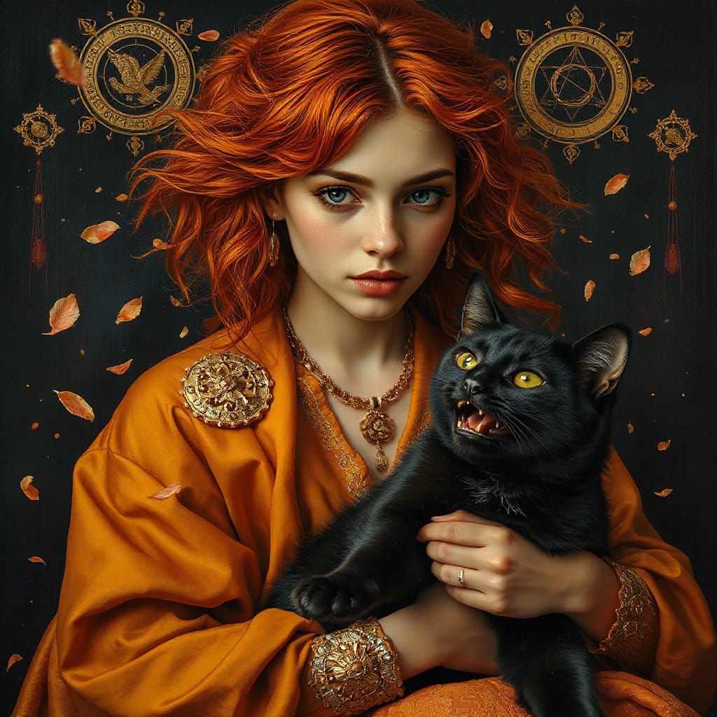 Whimsical Realist Painting of a Young Woman with a Black Cat