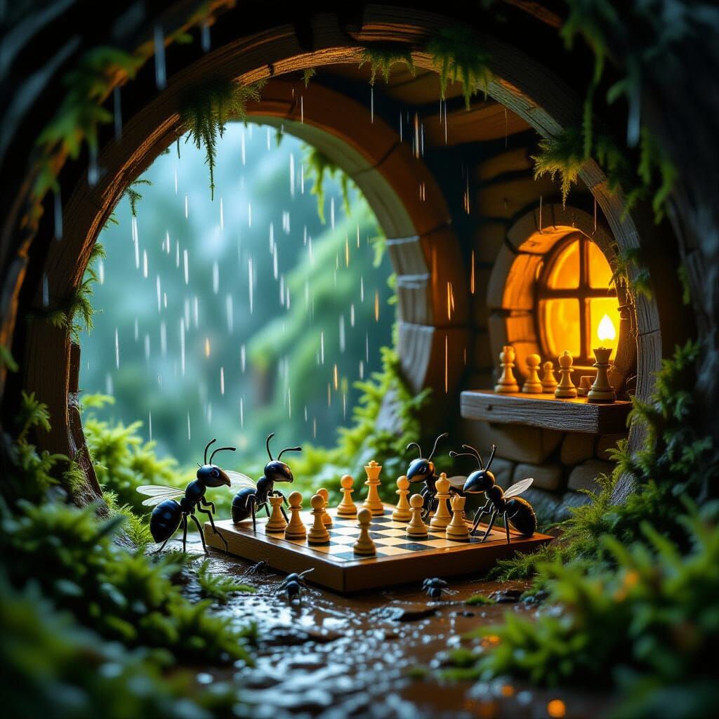 Ants Play Chess in Cozy Nest During Rainstorm