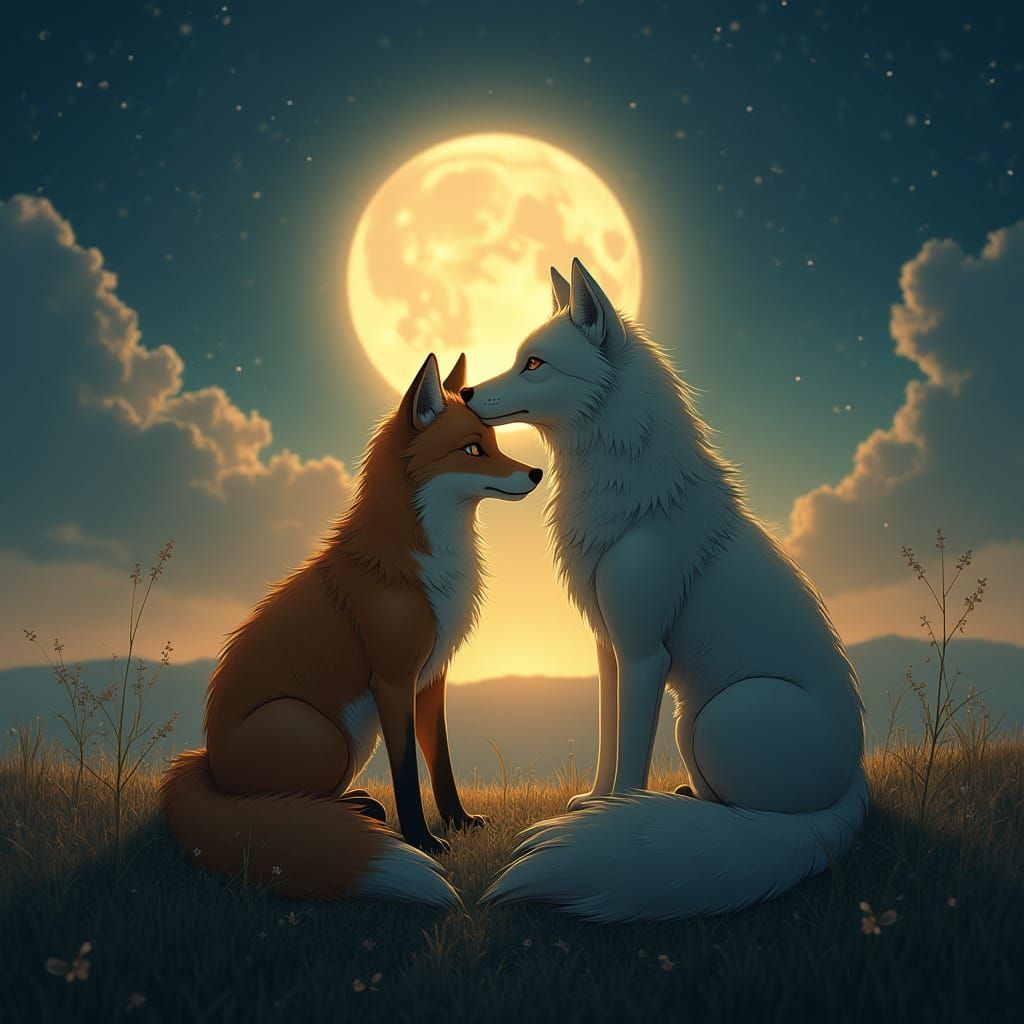 Wolf and Fox Embracing Under a Moonlit Sky with a Sunrise Gl...